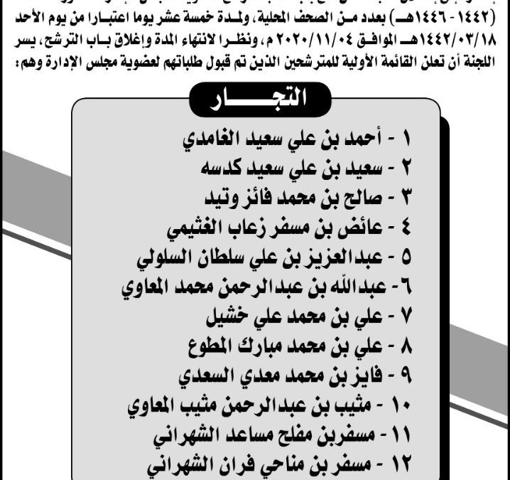 إعلان القائمة الأولية للمترشحين الذين تم قبول طلباتهم لعضوية مجلس ادارة غرفة بيشة